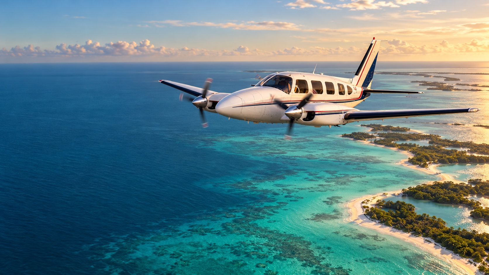 Illustration of our Piper Navajo over turquoise island waters